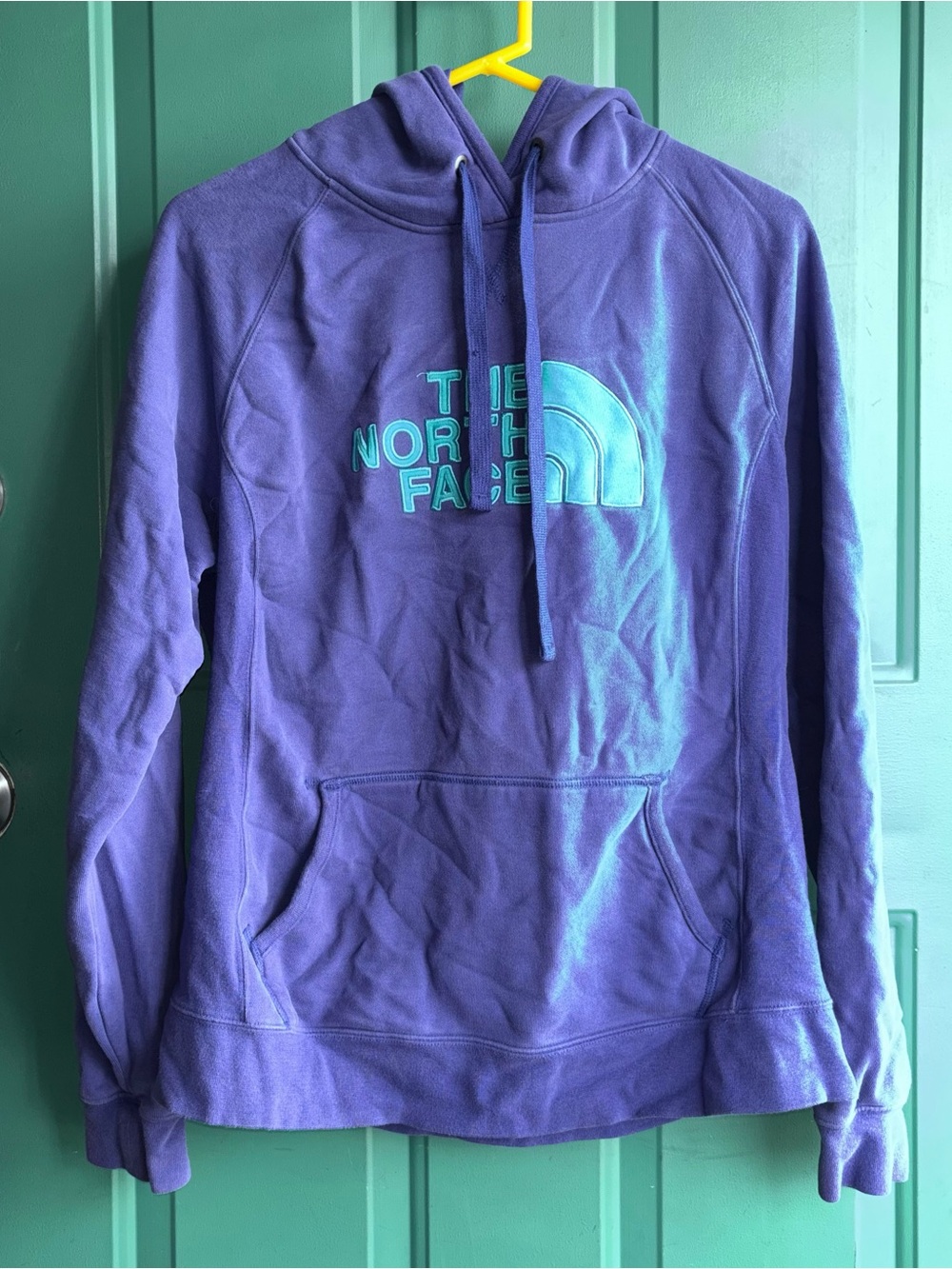 The North Face large women’s Purple Hoodie with Teal Logo